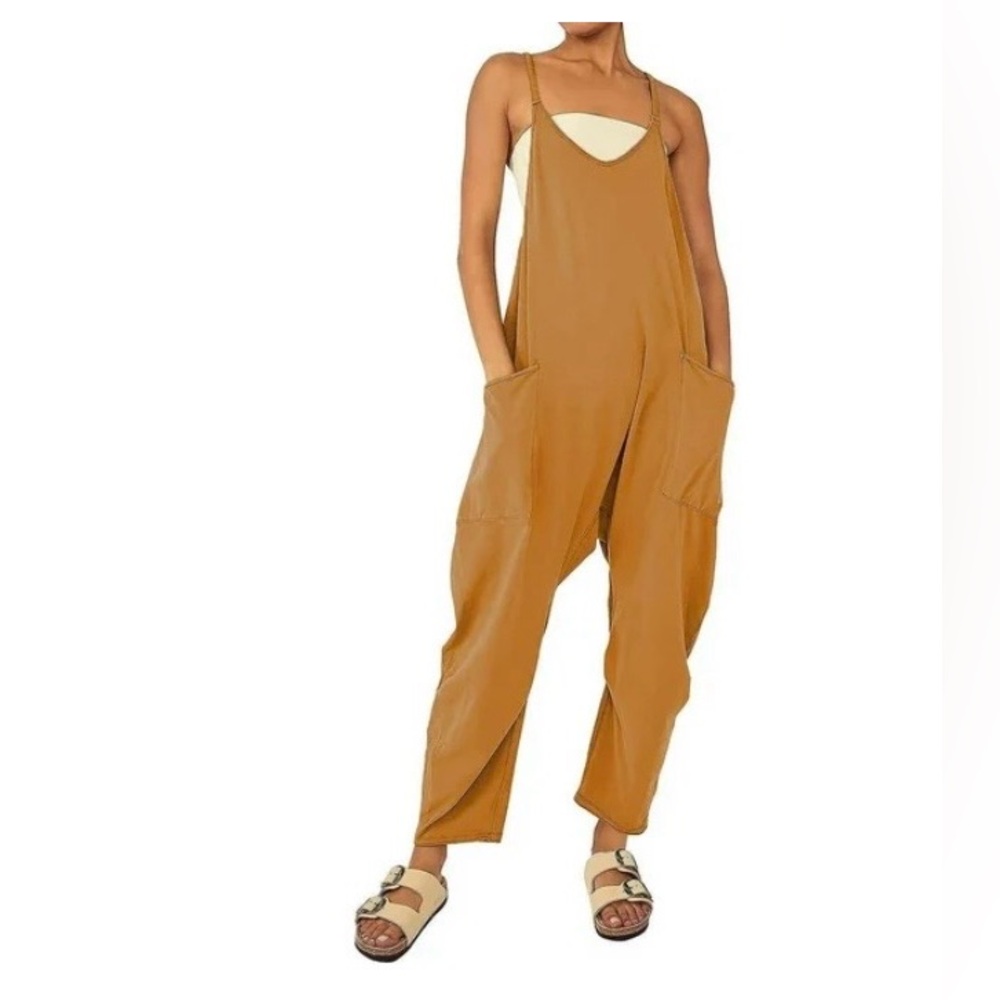 Women Strappy Overall Bib Pants Pockets Loose Jumpsuit Romper Sz XXL Tan Boho